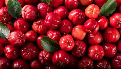 Flat Lay Top View of Bright Ripe Fragrant Red Acerola Fruit as Background