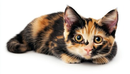 Fototapeta premium A calico kitten with unique markings relaxes and explores its surroundings