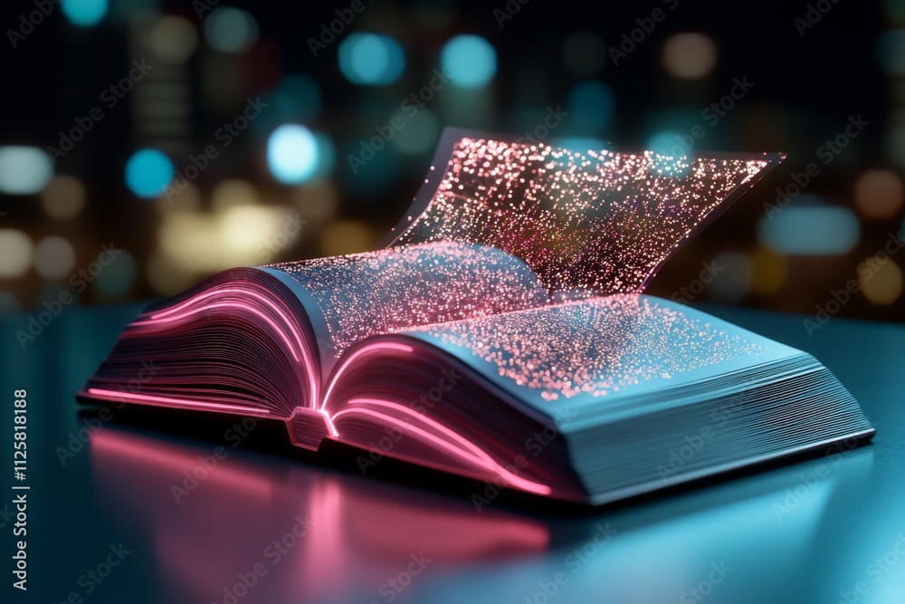 Aufkleber a cyberpunk-themed depiction of an ebook reader with neon-lit pages and a glowing holographic displa