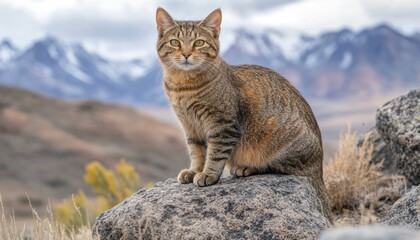 Fototapeta premium Wild cat observed resting on a stone amidst mountains under a clear sky during daytime