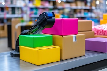 A detailed shot of an automated checkout system scanning products, optimizing retail efficiency