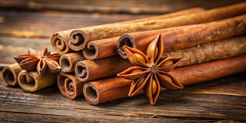 Close-up of cinnamon sticks and star anise on a rustic wooden surface, spice, aromatic, ingredient, cooking, flavor, fragrant