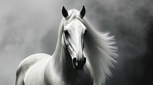 Majestic white horse running gracefully through a misty landscape in black and white artistic expression