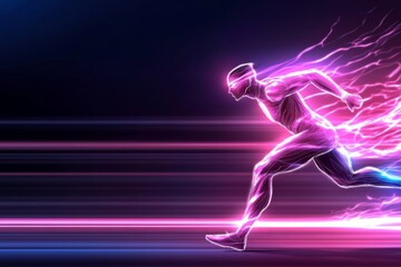 A digital illustration of a futuristic athlete in motion, surrounded by glowing energy trails emphasizing their speed and power