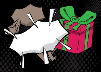 Cartoon Gift Box with blank speech bubble, comic book holiday background. Retro vector comics pop art design.