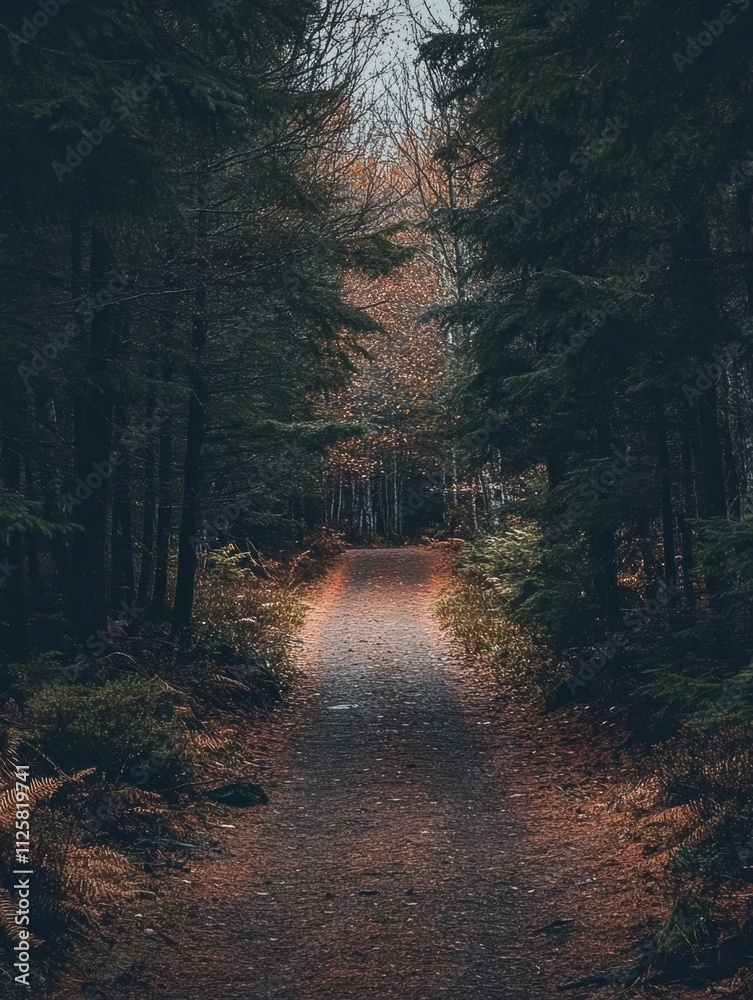 Poster a winding pathway invites exploration into a dense forest, surrounded by tall trees and fallen leave