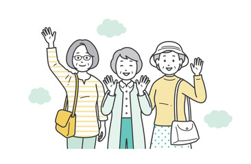 仲の良い高齢女性グループが旅行先で楽しんでいる上半身イラスト