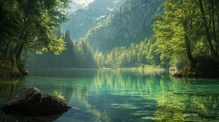 Serene mountain lake reflecting lush forest.