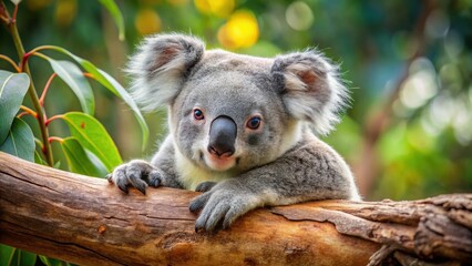 Obraz premium A close-up photo of a cute koala bear resting on a eucalyptus tree branch, Koala, Bear, Australian wildlife, Marsupial