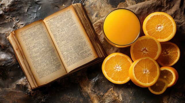 Fresh Orange Juice with Slices and Open Book on Rustic Table
