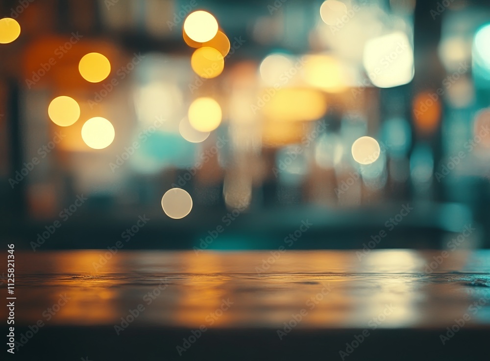 Poster dark wooden bar counter with blurred bokeh lights background.