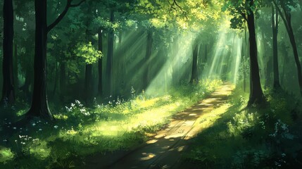 Obraz premium Serene Sunlight Through Lush Forest Pathway