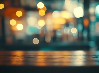 Dark wooden bar counter with blurred bokeh lights background.