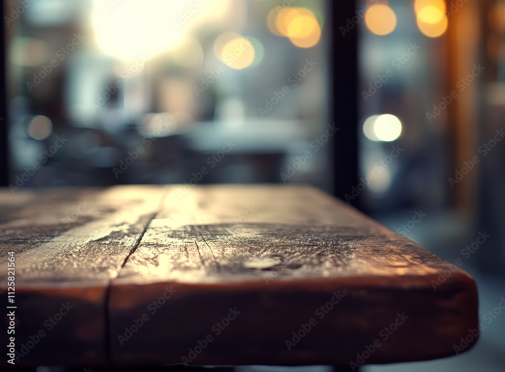 Aufkleber rustic wooden table in a blurred cafe setting.