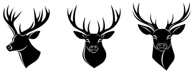Deer Head Silhouettes with Antlers, Wildlife Vector Art