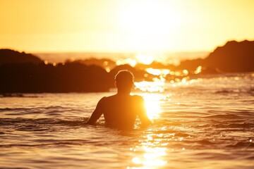 Fototapeta premium Serene Sunset Over Ocean with Silhouette of Person Immersed in Water Creating a Tranquil Scene with Glowing Reflections and Warm Colors on Calm Waves