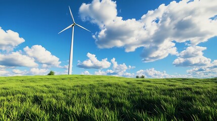Wind Turbine in Scenic Green Field with Blue Sky and Clouds,Representing Carbon Neutral Renewable Energy and Sustainability