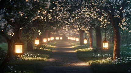 Serene Pathway Illuminated by Lanterns Under Blooming Trees