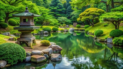 Naklejka premium Lush green Japanese garden with tranquil pond and stone lantern, Zen, traditional, peaceful, serene, nature, landscape