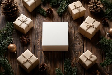 A refined seasonal card design featuring a pure white field. Around the edges, a pattern of graceful holiday elements—soft green foliage, subtle red accents, and a few discreet star shapes—forms 