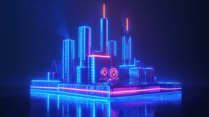 Factory icon in hologram effect, blue neon lights 