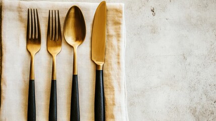 Elegant Golden Cutlery Set on Neutral Linen Background
