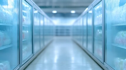 Obraz premium Frozen Food Storage Warehouse Refrigerator Cold Storage Food Industry Freezer Aisles Frozen Goods
