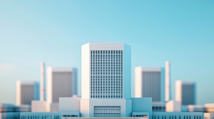 Fototapeta premium A modern architectural structure surrounded by other buildings against a clear blue sky, showcasing a clean and minimalist design.