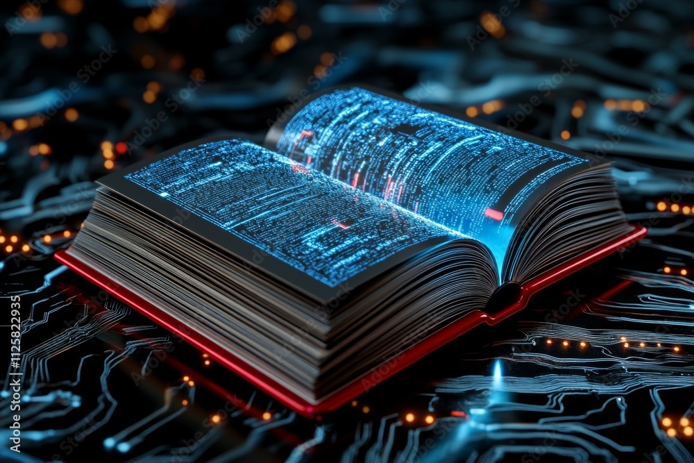 Poster A futuristic depiction of an ebook reader with a holographic screen projecting interactive book pages, set against a high-tech background