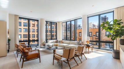 Fototapeta premium Modern Bright Living Room with Large Windows and Stylish Furniture