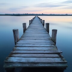 Fototapeta premium Serene Wooden Dock Stretching into Calm Water at Dusk with Soft Reflection and Gentle Pastel Sky in the Background, Perfect for Nature and Tranquility Themes