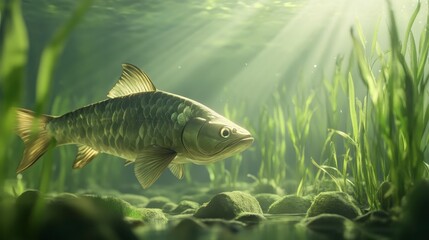 Underwater Scene with Fish and Green Plants