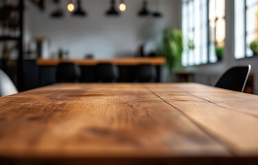 Rustic wooden table in modern loft apartment.