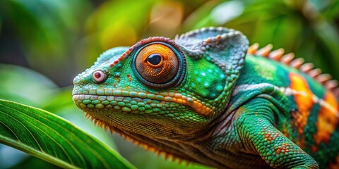 A close-up image of a chameleon blending into its surroundings in a tropical rainforest , camouflage, reptile, animal