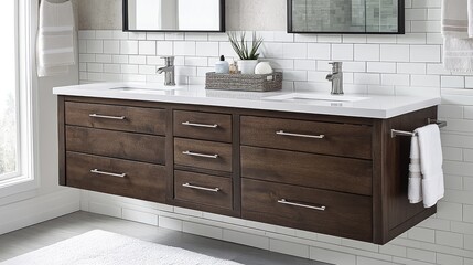 Fototapeta premium Modern Bathroom Vanity with Double Sink and Natural Light