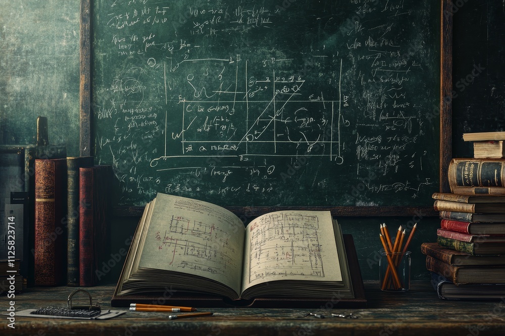 Poster open antique book on desk with chalkboard filled with math equations and stacked books.