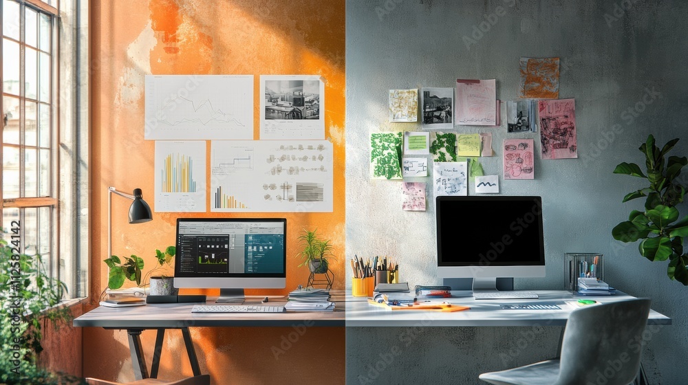 Poster One side showcases a minimalist workspace filled with light, while the other features an artistic arrangement with vibrant decor and creative clutter. Generative AI