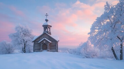 Serene Winter Landscape with Wooden Church and Snow-Covered Trees