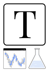 Bold T for typography, stock market candlestick chart, and conical flask with liquid. Ideal for education, research, finance, design, technology science data analysis literacy. Line metaphor