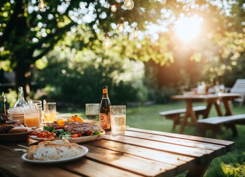 Sunny garden party with food and drinks on wooden table.