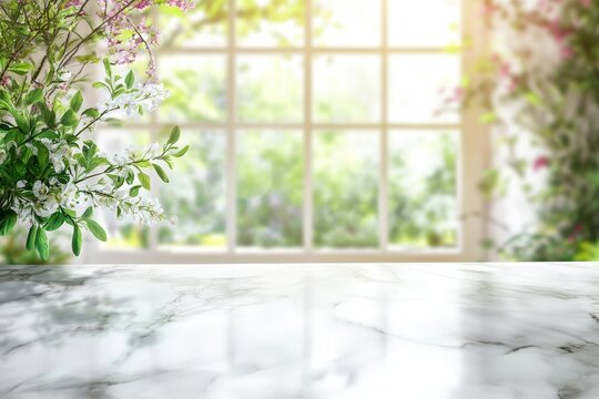Fototapeta Bright spring flowers on marble surface near window with garden view.
