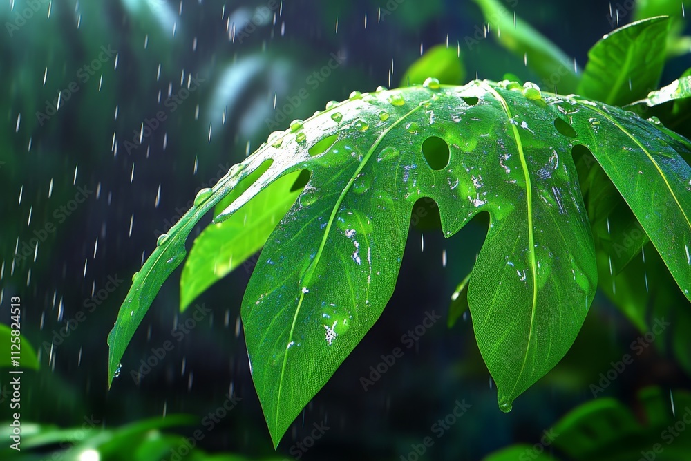 Poster a hyper-realistic close-up of water droplets falling onto a vibrant green leaf, with intricate refle