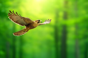 Fototapeta premium A hyper-realistic depiction of a falcon diving at high speed, with its feathers ruffling dynamically and the background blurred to emphasize its velocity