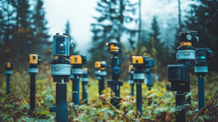 Forest Survey Equipment in a Misty Landscape with Greenery