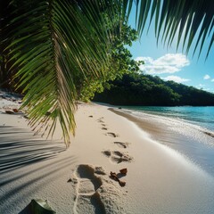 Tranquil Tropical Beach Scene with Golden Sand, Lush Greenery, and Gentle Waves Under Blue Sky, Perfect for Relaxation and Nature Lovers