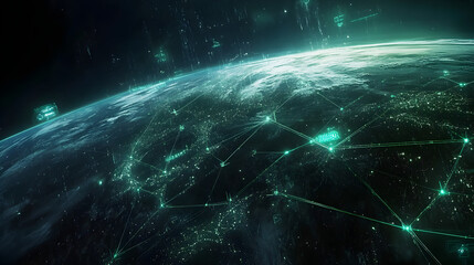 Global network connection, data flows around earth at night.