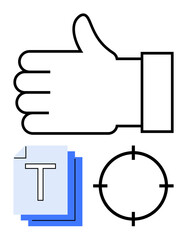 Thumbs up hand gesture, stacked text documents, and target symbol in black, blue, and white colors. Ideal for approval processes, feedback, accuracy, documentation goals precision and positive