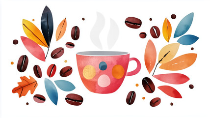 colorful coffee cup with steam rising, surrounded by autumn leaves and coffee beans, creating warm and inviting atmosphere