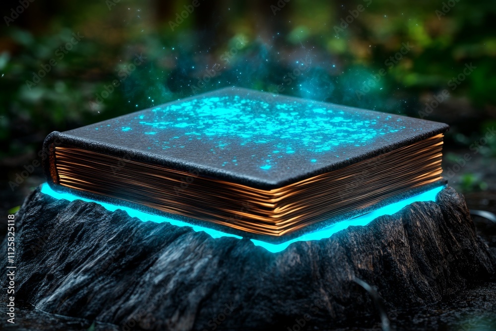 Poster A magical depiction of an ebook reader displaying glowing, animated book pages surrounded by a magical aura in a mystical forest