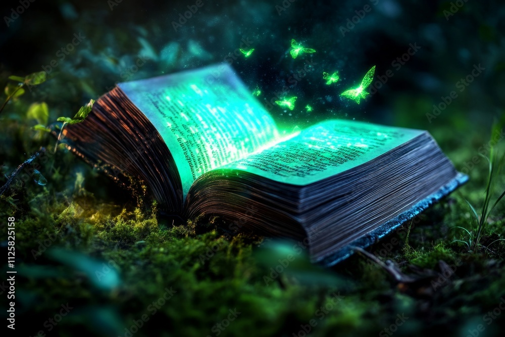 Poster a magical depiction of an ebook reader displaying glowing, animated book pages surrounded by a magic